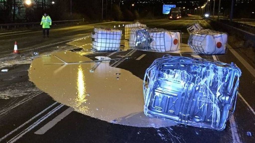 HGV crash spills 12,000 litres of paint on M606 motorway BBC News