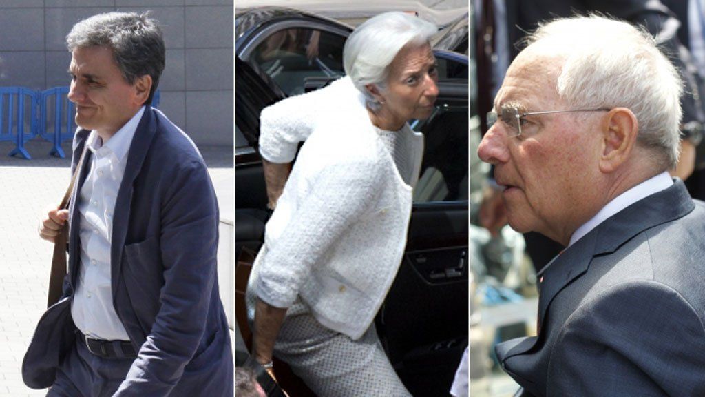 Left to right: Greek Finance Minister Euclid Tsakalotos, IMF head Christine Lagarde, and German Finance Minister Wolfgang Schaeuble
