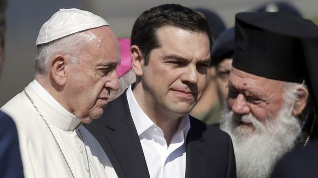 Pope arrives on Greek migrant camp visit