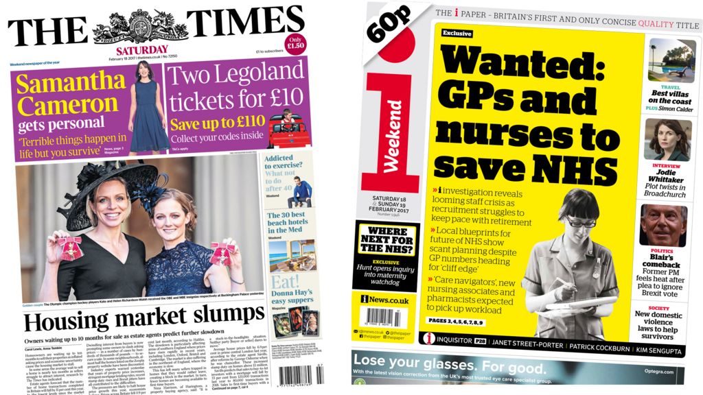Newspaper headlines: House sales 'slump', Tony Blair Brexit speech and NHS staff 'crisis' - BBC News