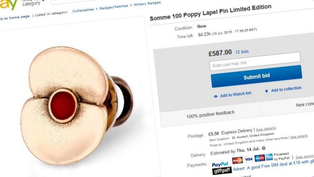 Commemorative Somme lapel pins being sold on Ebay for hundreds of pounds