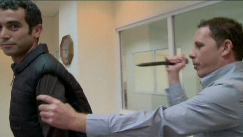 VIDEO: Reporter stabbed in protective vest mishap