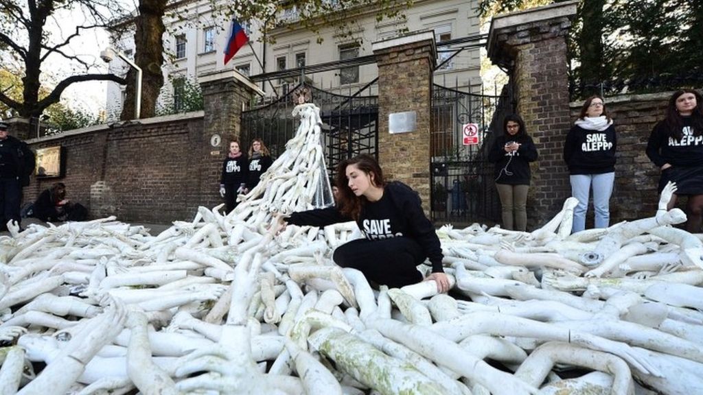 Hundreds of fake limbs dumped outside Russian embassy