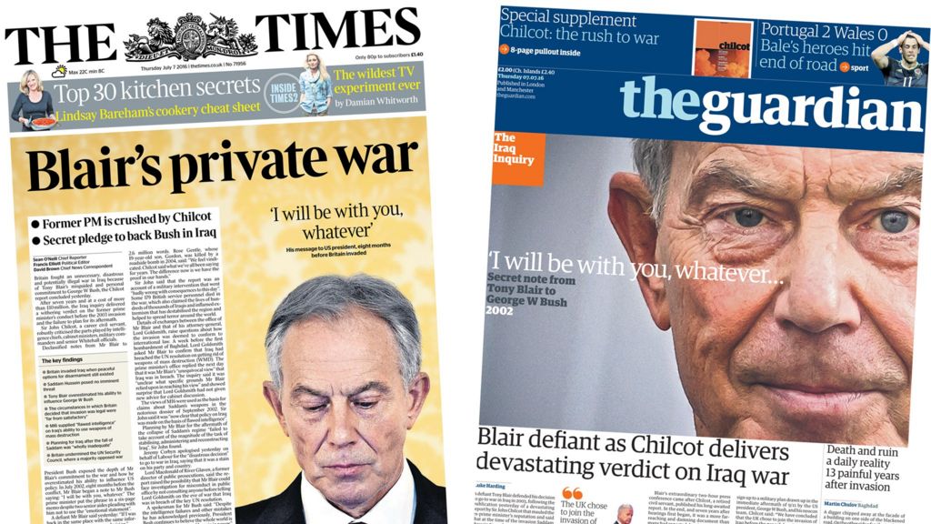 Newspaper Headlines Iraq War Report And Blair Fallout Bbc News