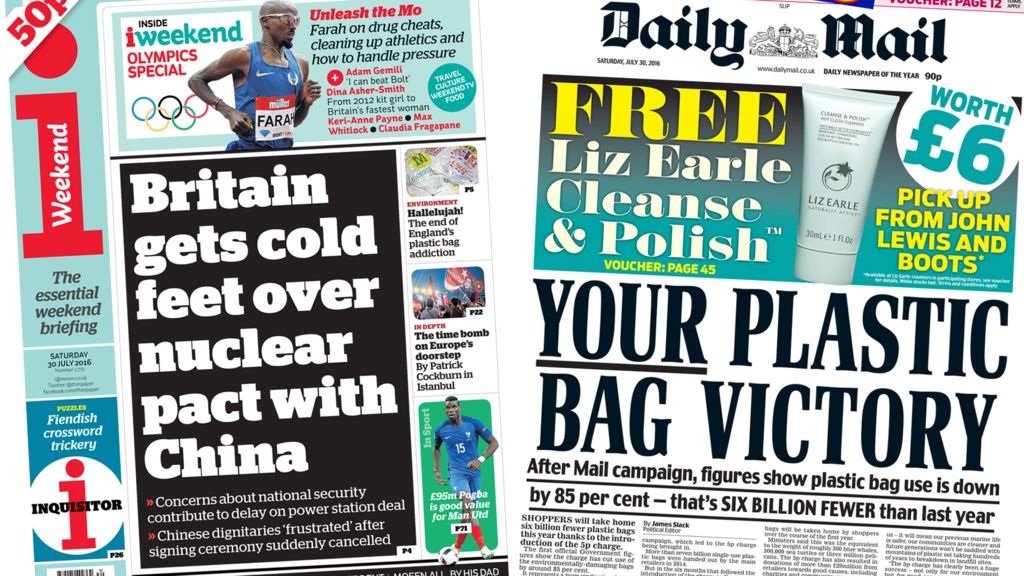 Newspaper headlines: China deal 'cold feet' and bag use cut