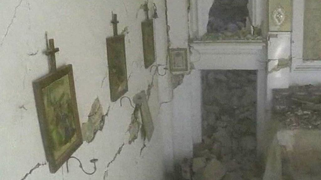 Drone reveals quake church interior