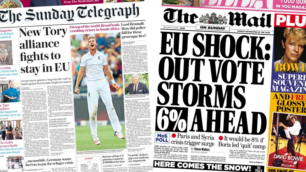 Newspaper headlines EU referendum fight and Stuart Broad fires England