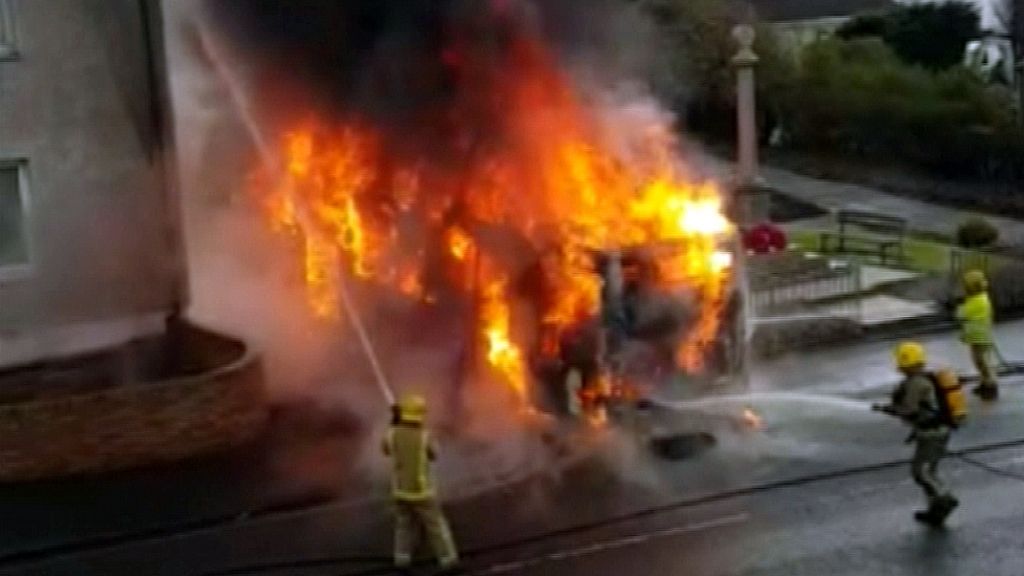 Bus completely destroyed by fire near Motherwell