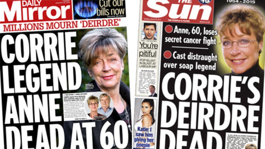 Newspaper headlines 'Deirdre Barlow' shock, Blunt v Bryant and Sun