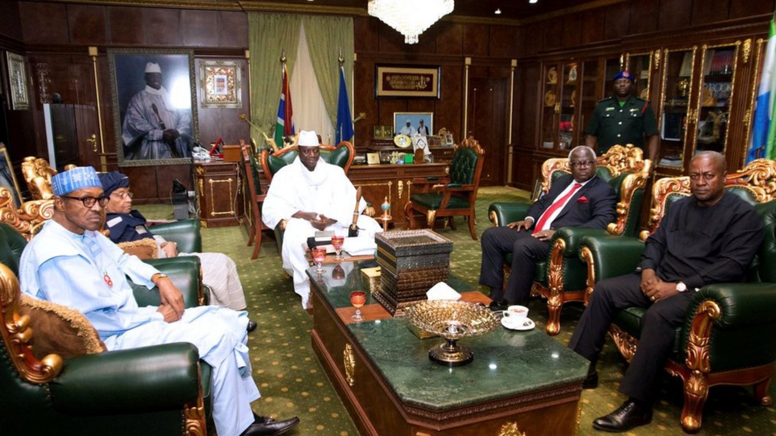 Gambian President Yahya Jammeh attends a meeting with a delegation of West African leaders during the election crisis mediation at the presidential palace in Banjul, Gambia December 13, 2016