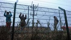 Migrants by fencing at the Eurotunnel terminal in Calais
