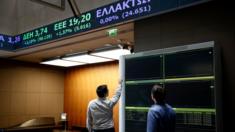 Two men at Athens stock exchange