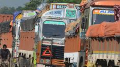 Trucks lined up at the Nepal-India border