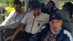 Venezuelan and Bolivian presidents Nicolas Maduro (left) and Evo Morales (centre) visited Fidel Castro on his birthday