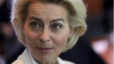 German Defence Minister Ursula von der Leyen reacts as she arrives for the weekly cabinet meeting at the Chancellery in Berlin, Germany September 16, 2015