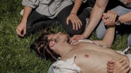 An injured man on the grounds of the, Dolmabache Palace, Istanbul, 1 June 2013