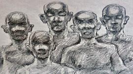 Illustration - a group of men, faceless and gaunt