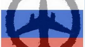 Screen grab of a tweet showing an outline of a plane against the background of a Russian flag, also picture of a man in uniform standing next to a submarine