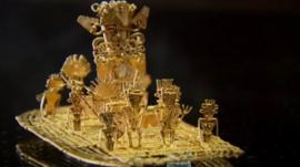 The gold art work known as the Muisca Raft on display at the Gold Museum in Bogota, Colombia