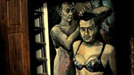 Painting of the Russian president and prime minister in women's underwear