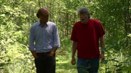 Will Gompertz and Stephen King walking through a wood