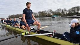 Oxford stroke Constantine Louloudis (2-R) looks on during a training session in Putney, south-west London, on April 5, 2014