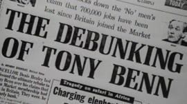 Daily Mail front page, 4 June 1975. Headline reads 'The Debunking of Tony Benn'