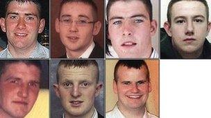 From top left: Eamonn McDaid, 22; Ciaran Sweeney, 19; Patrick McLaughlin, 21; Mark McLaughlin, 21; James McEleney, 23; Paul Doherty, 19, ... - _48356891_crash7
