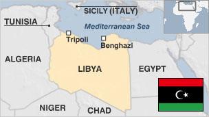 Map of Libya with pre-Gaddafi era flag