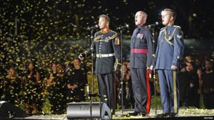 Members of the Tri-Service Male Singers, Urban Voices Choir and 3 X-Service Bands perform the Invictus Anthem during the Opening Ceremony of the Invictus Games