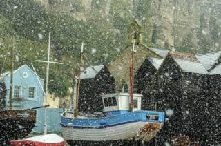 Snowing at Rock-a-Nore, Hastings East Sussex