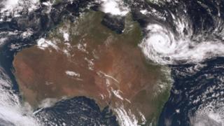 A satellite image of Cyclone Debbie off the Australian coast