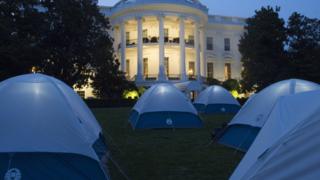 Tents for Girl Scouts to spend the night on the South Lawn of the White House in Washington, DC, June 30, 2015. Fifty Girl Scouts will spend the night on the White House lawn in camping tents as part of the 