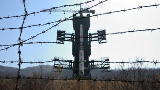 The North Korean Unha-3 rocket at the Sohae Satellite Launching Station, also known as Tongchang-ri on 8 April 2012