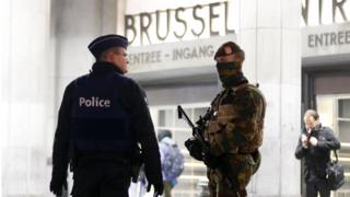 Belgium police officers in front of the central station in downtown Brussels (file pic Nov 2015)