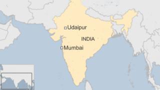 A map showing Udaipur and Mumbai in India