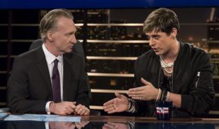 Bill Maher, left, listens to Milo Yiannopoulos, a writer for Breitbart News, on HBO"s "Real Time with Bill Maher" on 17 February 2017