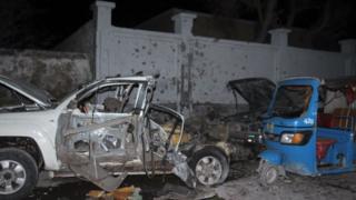 Destroyed vehicles in front of Banadir beach restaurant at Lido beach in Mogadishu, Somalia, 25 August 2016