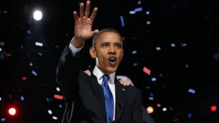 US President Barack Obama delivers his victory speech after being re-elected for a second term at McCormick Place November 7th, 2012 in Chicago, Illinois.