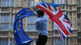 Man holding Union Jack and EU flag outside Houses of Parliament
