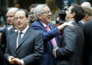French President Francois Hollande looks on while EU Commission President Jean-Claude Juncker jokes with Greek Prime Minister Alexis Tsipras