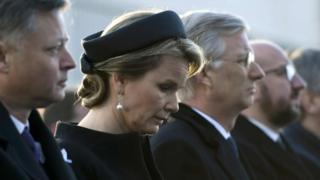 Belgium's King Philippe and Queen Mathilde attend a ceremony at Brussels Zaventem airport