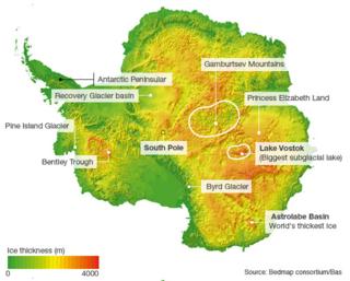 Antartica showing ice thickness in metres