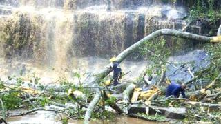 Picture of waterfall with fallen down tree in the pool and fireman