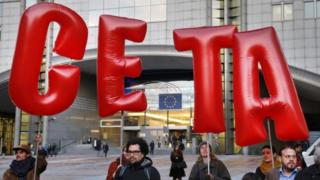 Demonstrators protest against CETA outside the EU summit in Brussels, Belgium, October 20, 2016.