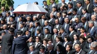 Members of the National Reform Council (NRC) congregate after the vote for the draft of the new constitution was rejected at parliament in Bangkok (06 September 2015)