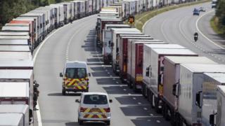 Lorries parked on the M20 during Operation Stack in July