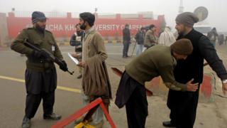 Police search student entering campus of Bacha Khan University. 25 Jan 2016