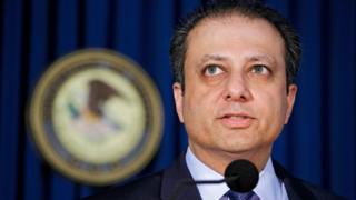 A file picture dated 18 May 2016 shows Preet Bharara, US Attorney of the Southern District of New York, speaks during a press conference in New York, New York, USA.