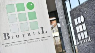 A picture taken on January 16, 2016, in Rennes, western France, shows the logo of the Biotrial laboratory